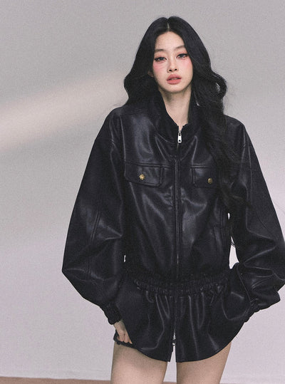 Stand Collar Black Leather Jacket DIA0603