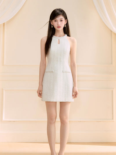 White Halter Neck Beaded Dress OSH0134