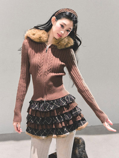 Fur Hooded Knitted Cardigan DIA0686