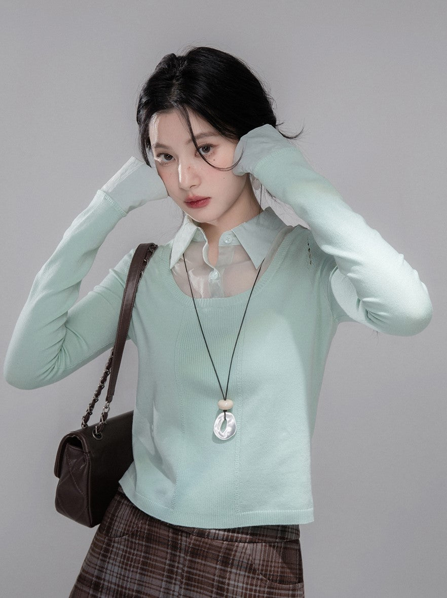 Mint Green Shirt Collar Sweater COT0352