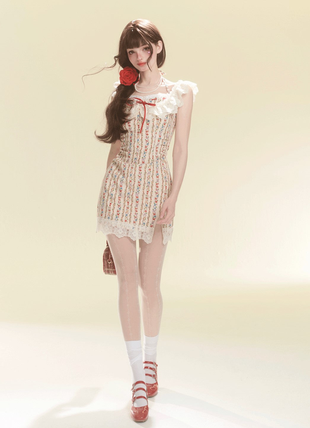 Lace One Shoulder Floral Suspender Dress DIA0136