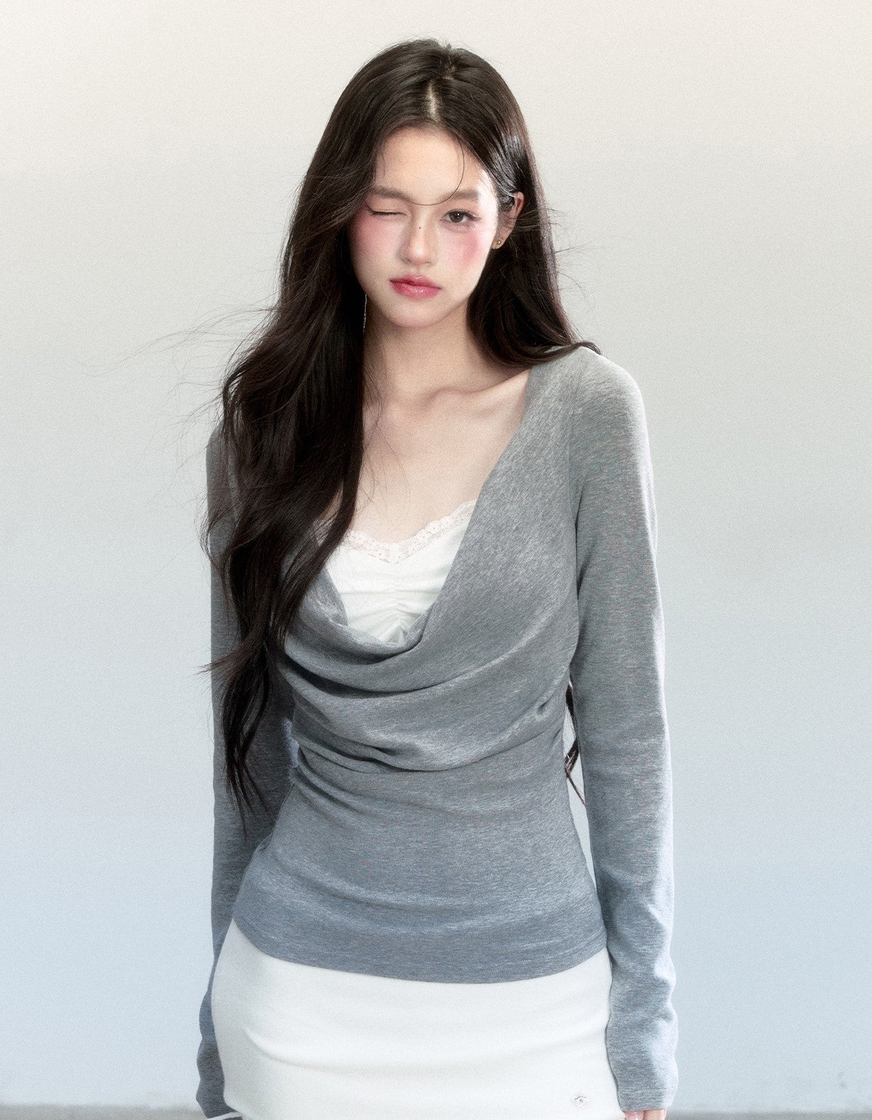 Grey Floral Print Slimming Layer Sweater FRA0463