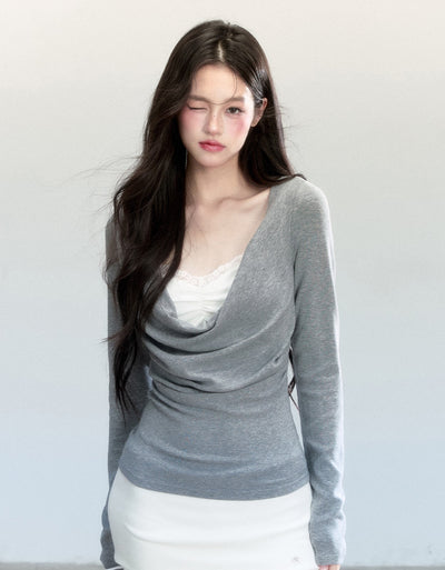 Grey Floral Print Slimming Layer Sweater FRA0463