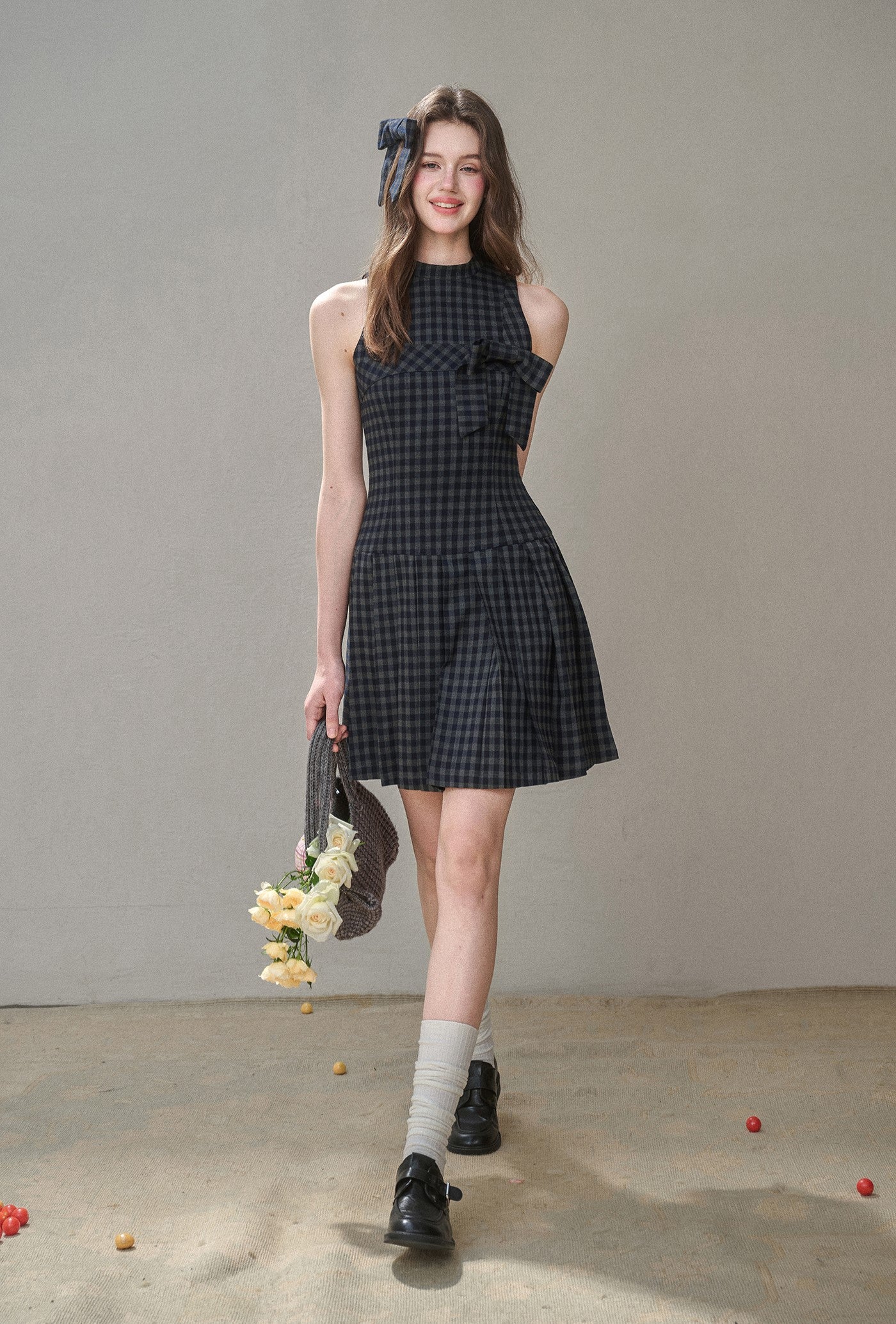 Bow Halter Neck Plaid Pleated Dress GRO0175