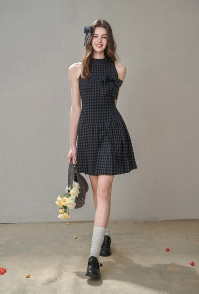 Bow Halter Neck Plaid Pleated Dress GRO0175