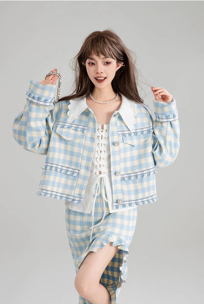 Blue And White Plaid French Short Jacket/Slit Skirt KEI0169