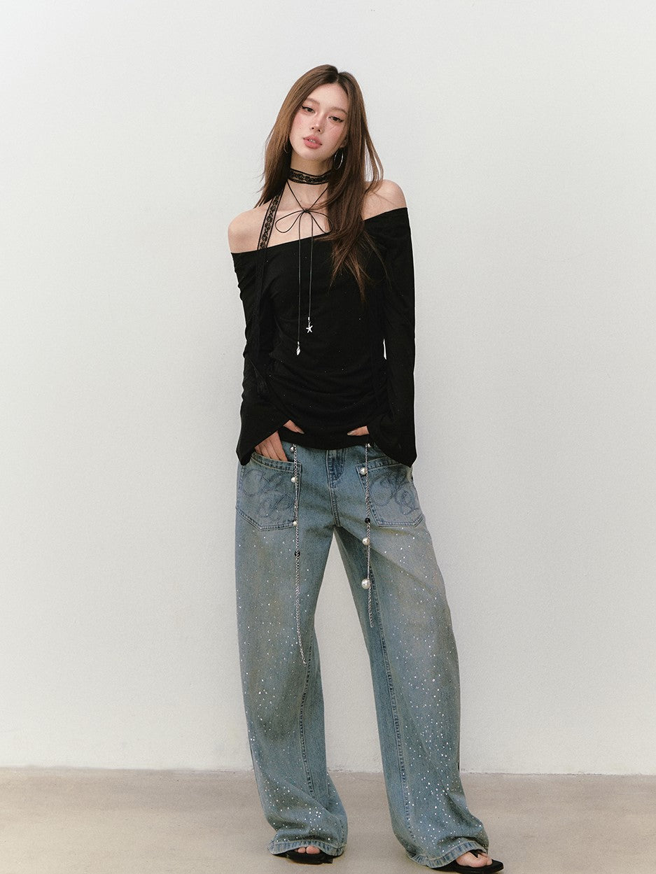 One-shoulder Backless Beaded T-shirt VIA0281