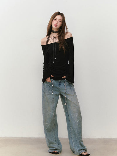One-shoulder Backless Beaded T-shirt VIA0281