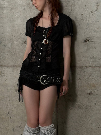 Square Collar Lace Puff Sleeve Shirt DOU0132