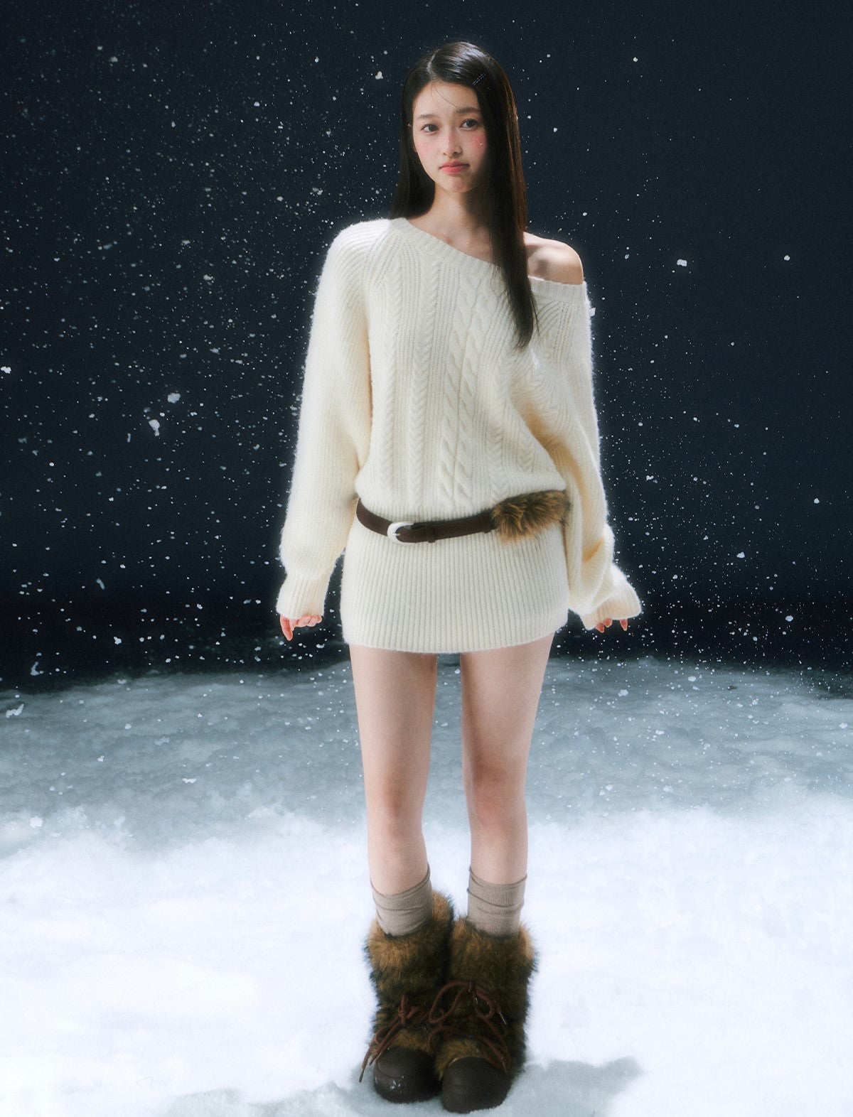 Off-shoulder Cable Knitted Dress WEE0102