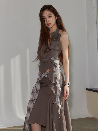 Splicing Irregular Swing Halter Neck Top/Skirt JNY0243