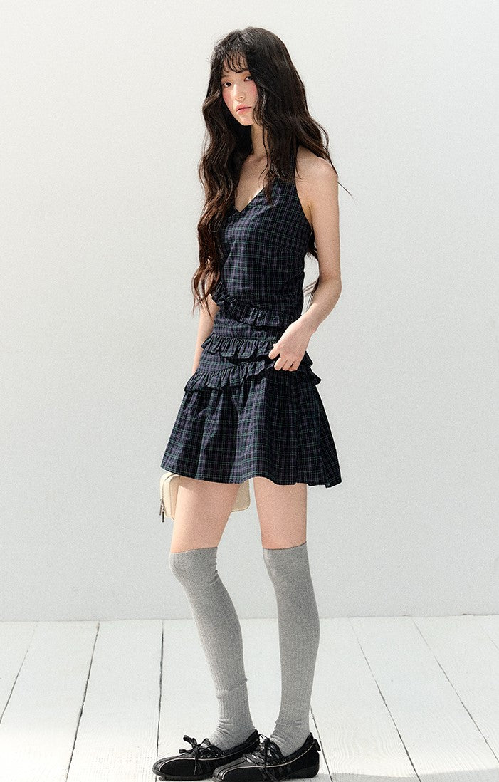 Sleeveless Plaid Navy Dress SHI0147