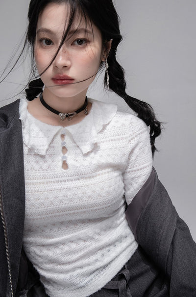 White Lotus Leaf Hollow Collar Sweater COT0348