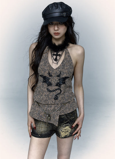 Punk Street Rock Embroidery Leopard Print Halter Vest NOR0067