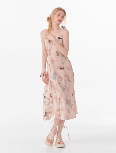 High-end Design Butterfly Print Long Slit Suspender Dress ZIZ0085