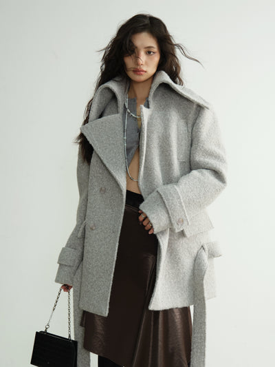 Large Stand-up Collar Gnderless Light Gray Woolen Coat JNY0185