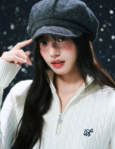 White Half-zip Cable Knit Sweater WEE0109