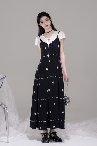 V-neck Shirt+Pleated Black Printed Dress COT0302