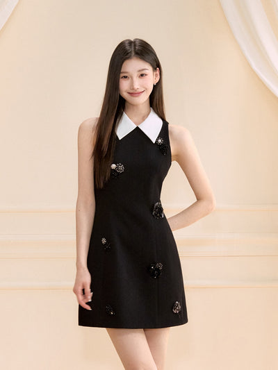 Black Sleeveless Beaded Flower Dress OSH0121