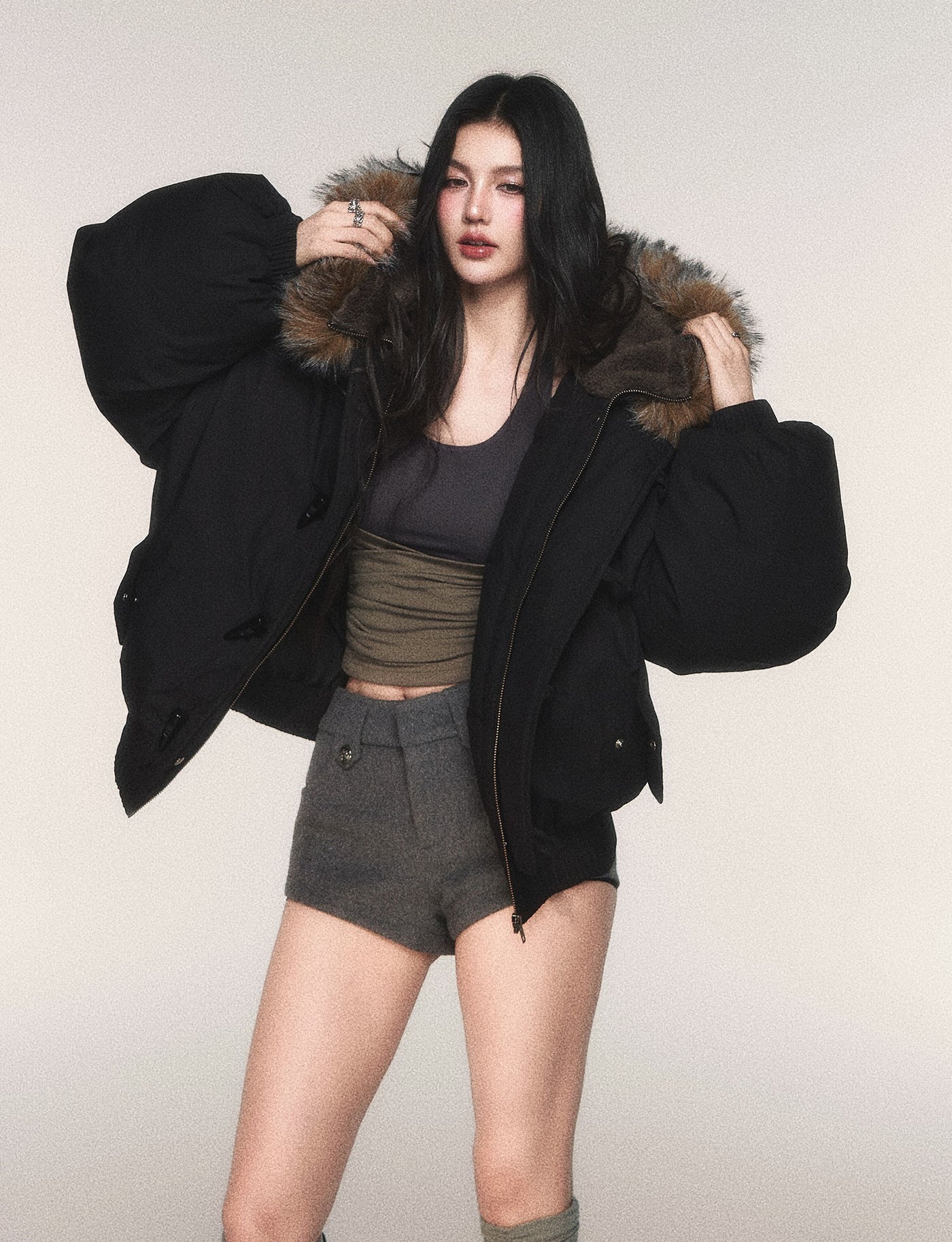 Black Hooded Large Fur Collar Down Jacket LUL0213