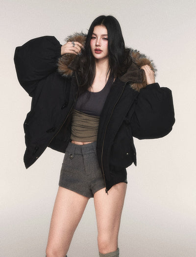 Black Hooded Large Fur Collar Down Jacket LUL0213