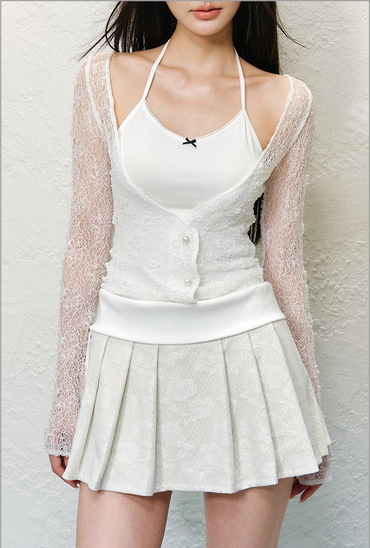 Bow Camisole+Lace Cardigan/Pleated Skirt AGM0132
