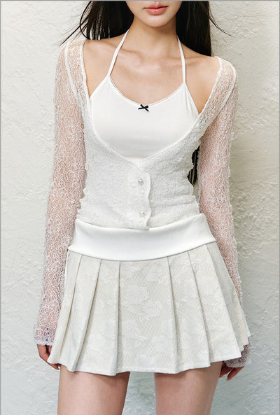 Bow Camisole+Lace Cardigan/Pleated Skirt AGM0132