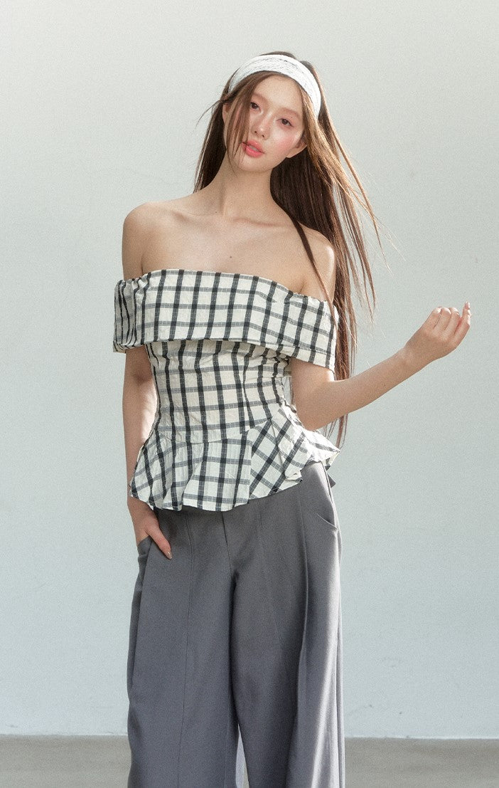 Splicing Plaid Off-shoulder Top SHI0161