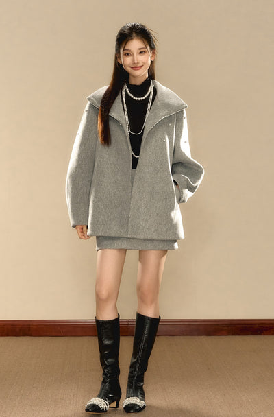 Grey High-end Beaded Loose Wool Jacket/Skirt OSH0088