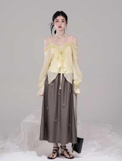 Brown Casual A-Line Drape Skirt COT0305