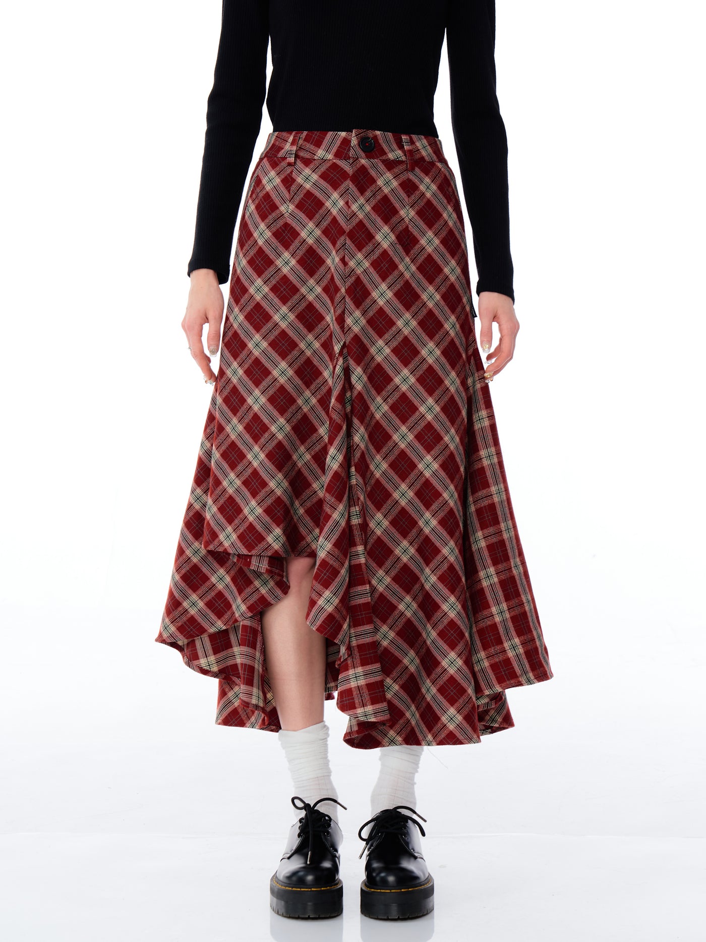 Retro High Waist Slim Medium Long Irregular Red Plaid Skirt ZIZ0190