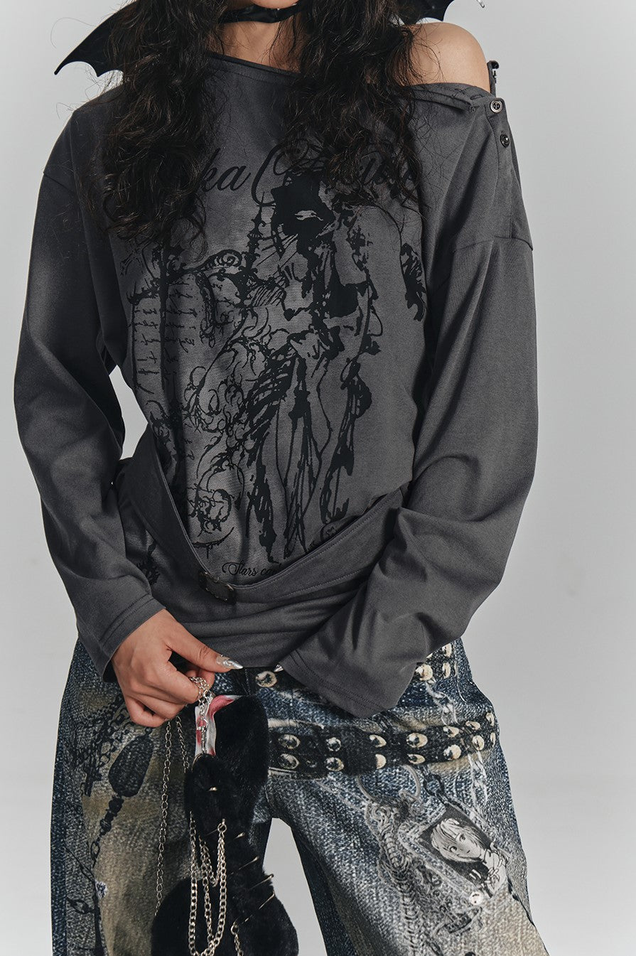 Print One Shoulder Loose T-shirt KIN0134