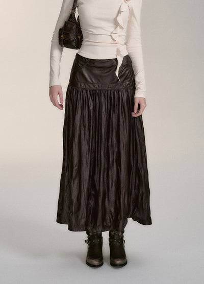 Mid-length Design Imitation Pleated Leather Skirt VIA0177