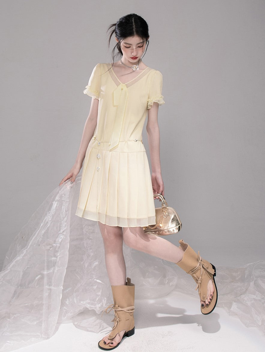 Honey Yellow Pleated Mesh Dress COT0321