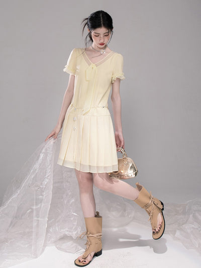 Honey Yellow Pleated Mesh Dress COT0321