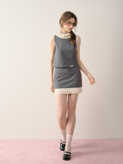 Gray Flower Printed/Checkered Sleeveless Top/Suit Skirt QDQ0060