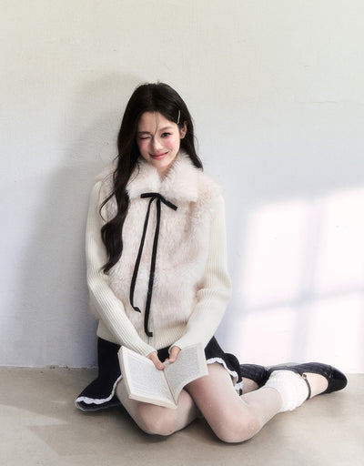 Detachable Bow Collar Faux Fur Knitted Jacket FRA0510