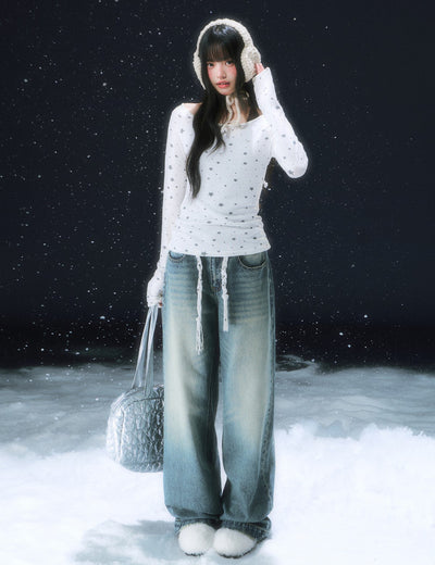 Retro Star Lace-up Washed Straight Leg Jeans WEE0112