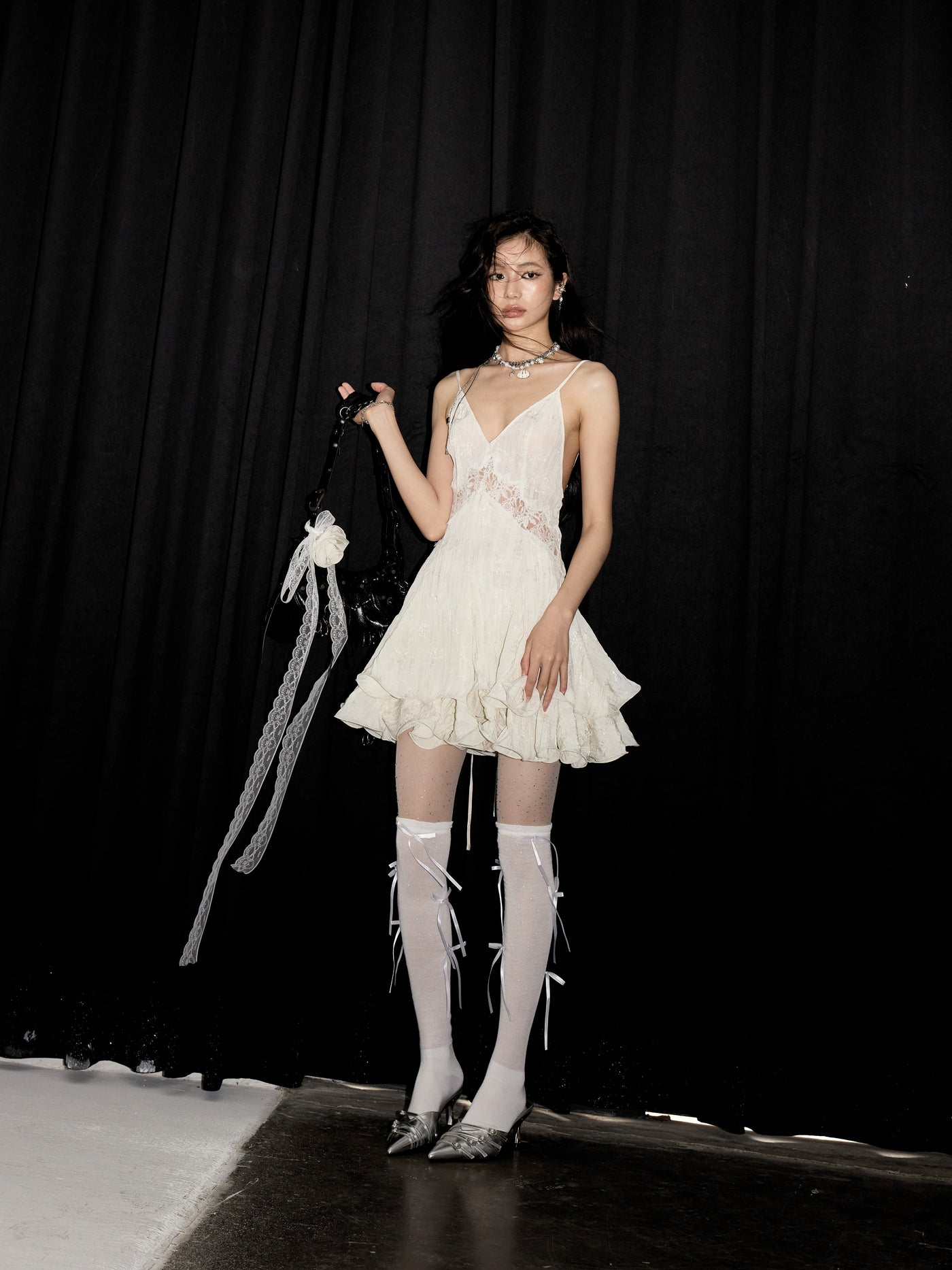 Lace Cream White Suspender Dress JNY0225