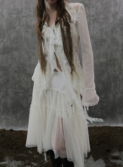Pleated Ribbon Ruffled Chiffon Shirt DOU0124