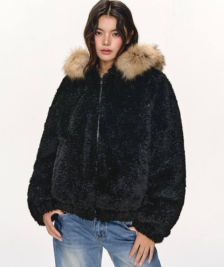 Fur Collar Black Hooded Jacket ANA0108