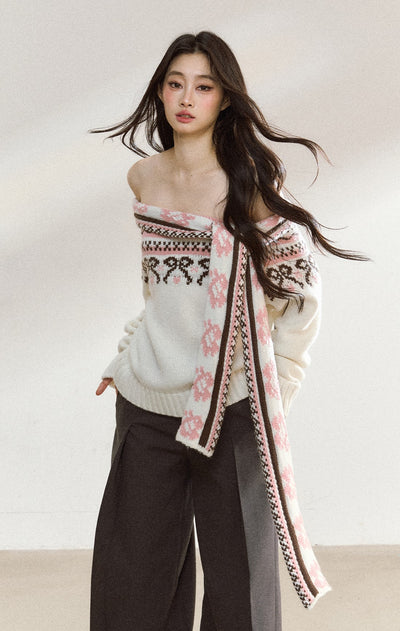 White Off-shoulder Jacquard Sweater SHI0219