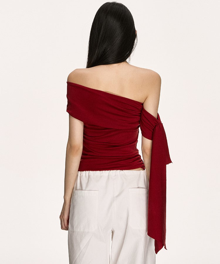 Irregular Oblique Shoulder Ribbon Red Top ANA0013