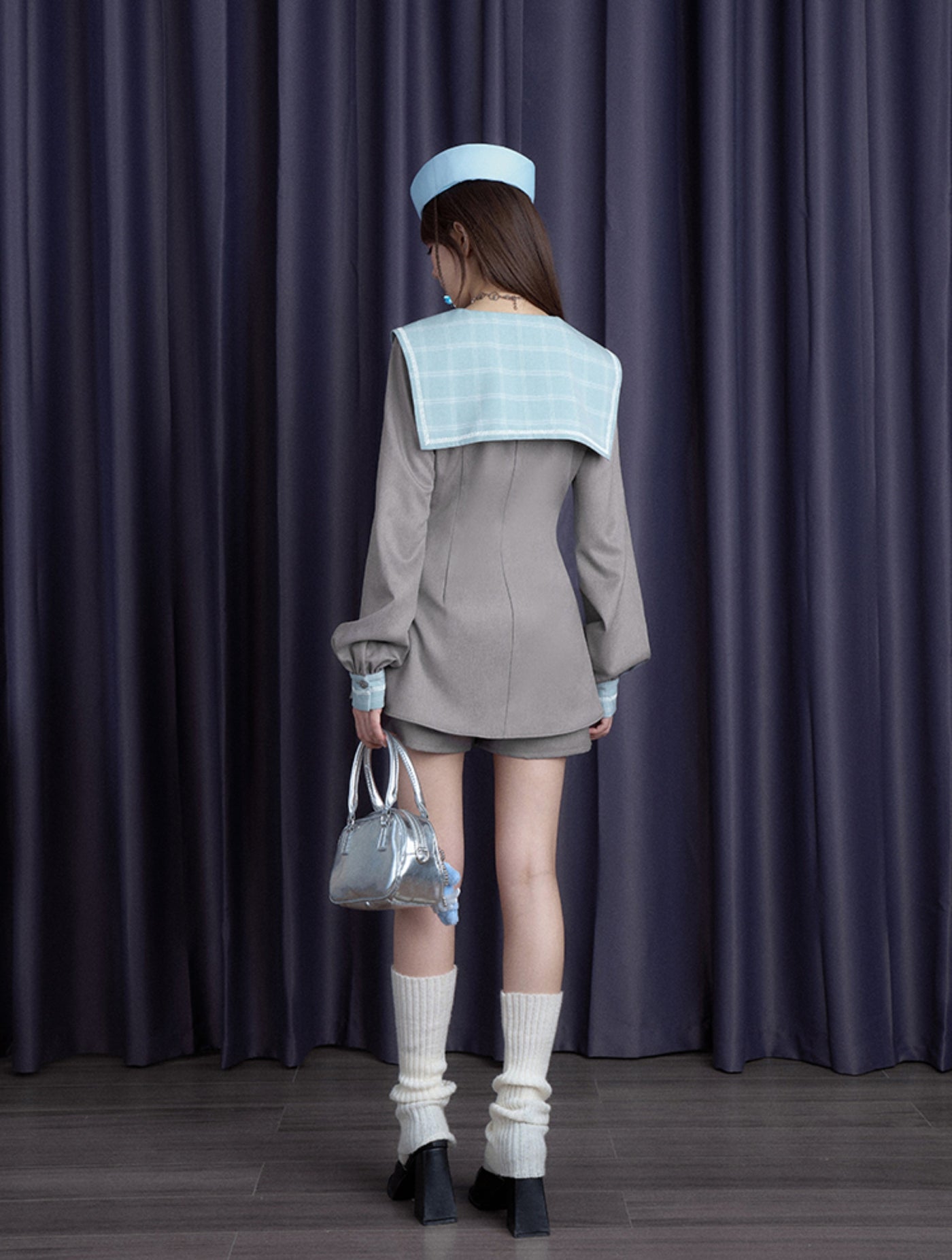 Gray-blue Sailor Collar Waist Dress/Shorts SAG0191