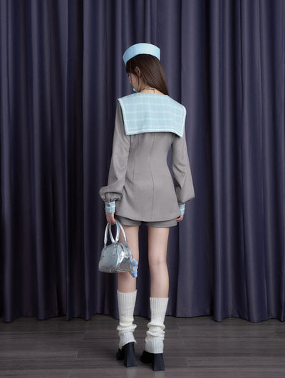 Gray-blue Sailor Collar Waist Dress/Shorts SAG0191