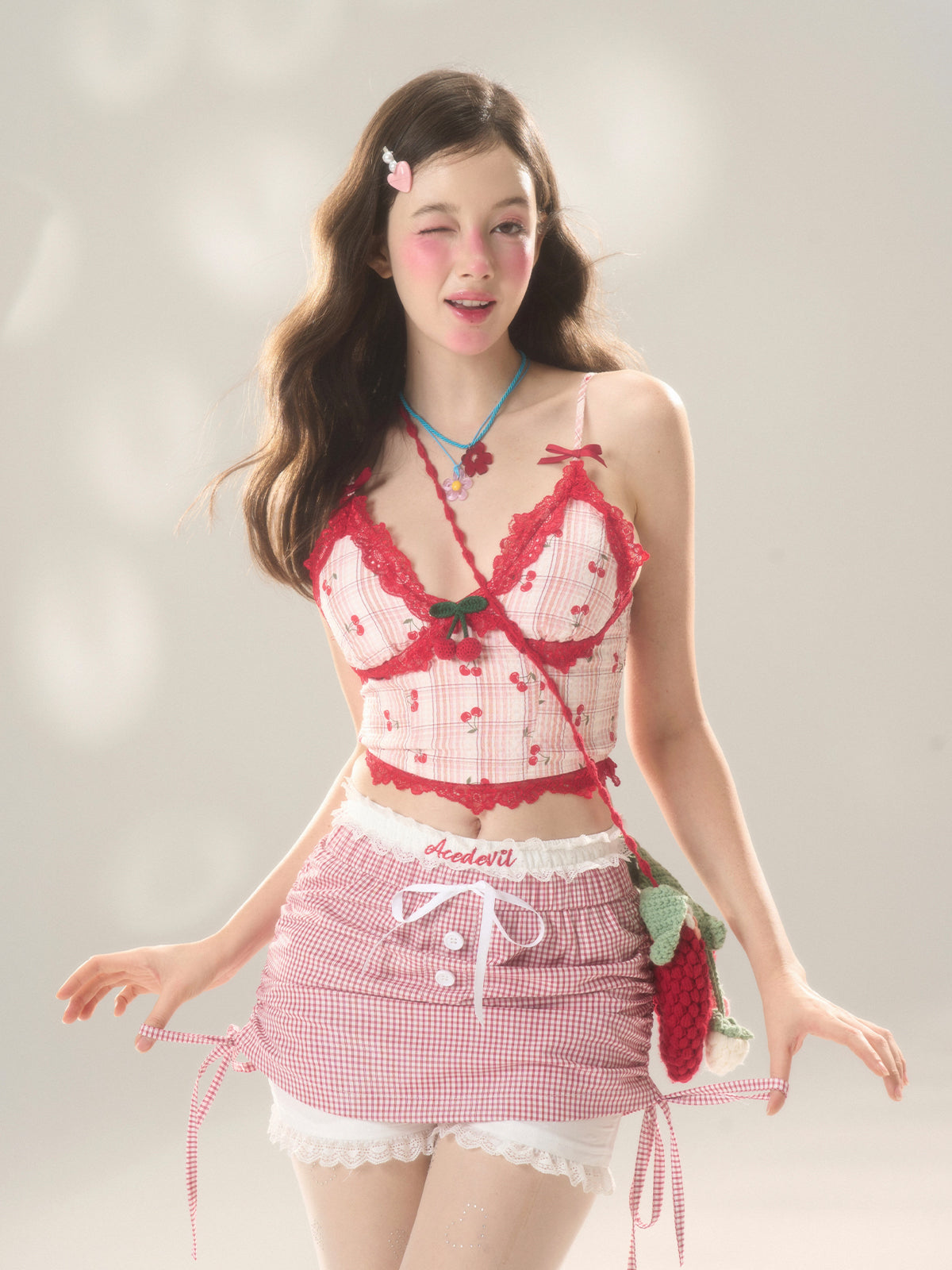 Cherry White Tea Pink Lace Camisole/Short Skirt Pants DIA0193