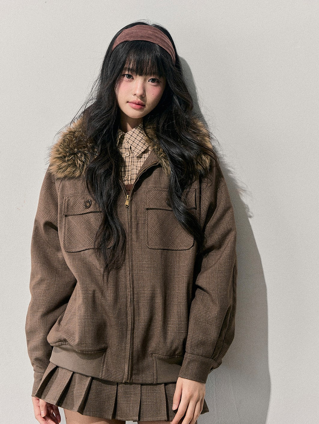 Brown Quilted Jacket/Pleated Skirt DIA0724