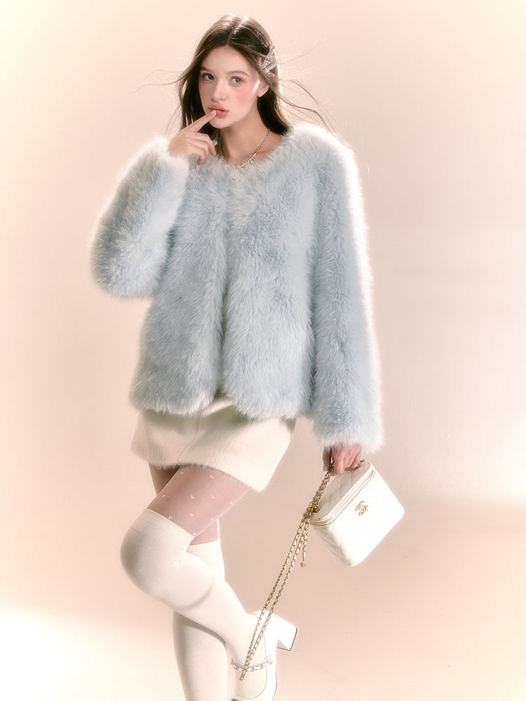 Luxury Wear Small Imitation Fur Blue Short Coat QDQ0104