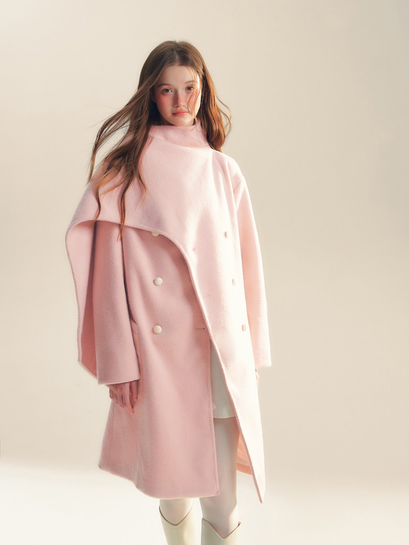 Pink Wool Scarf Silhouette Medium Coat REC0060