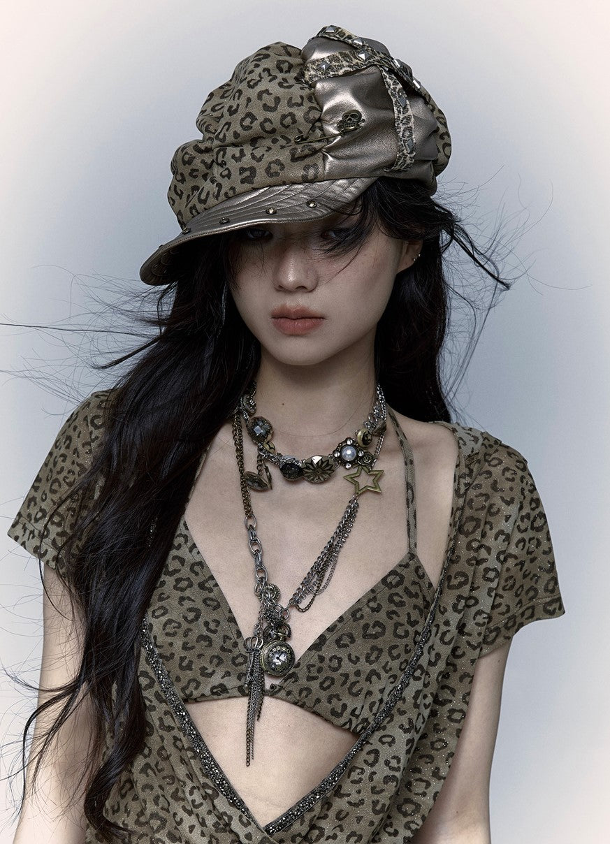 Punk Leopard Print Stitching Rivet Beret NOR0073